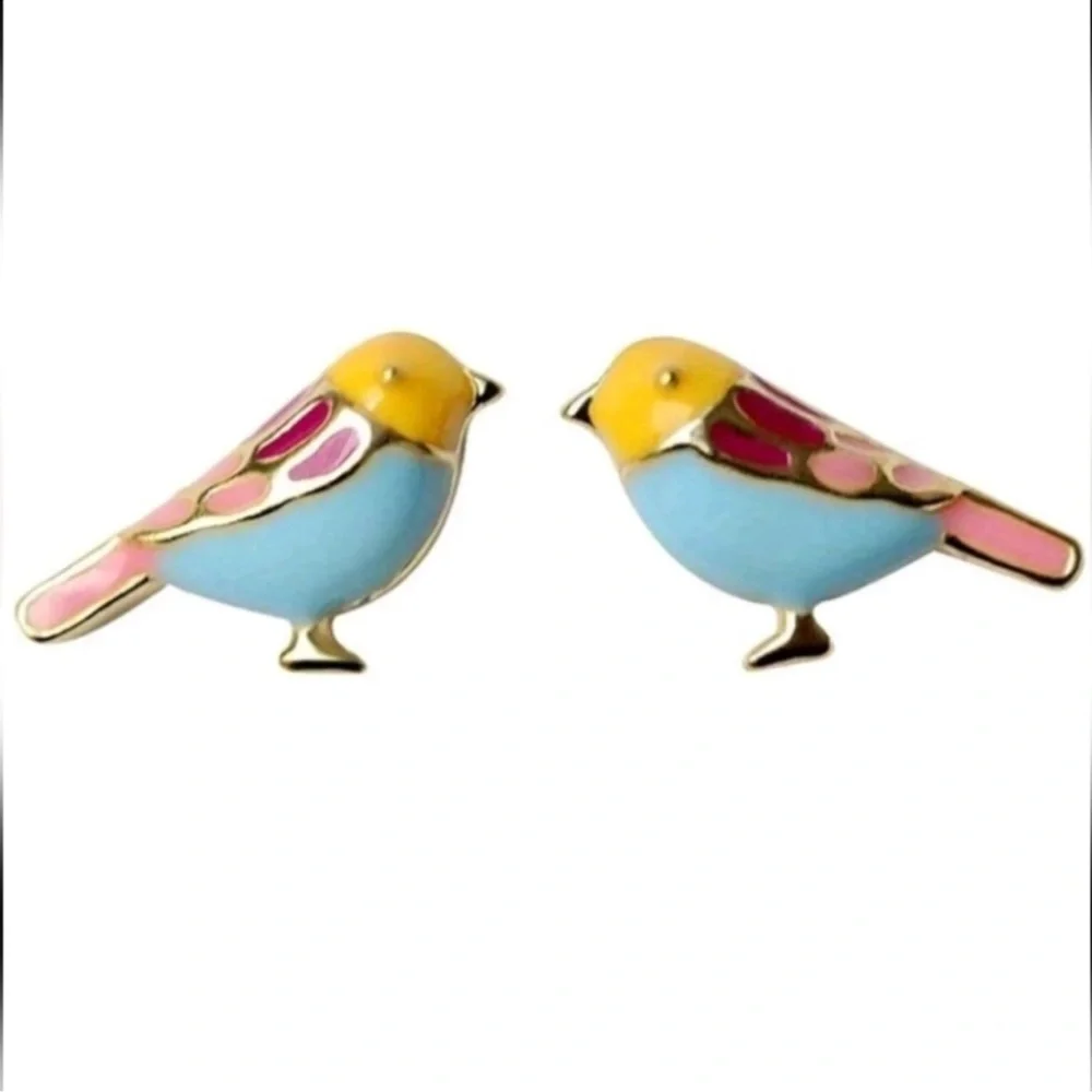 Anthropologie Colorful Gold plated Small Petite Love Birds Enamel Stud Earrings - Picture 1 of 2